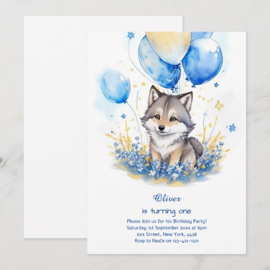 Wolf Einladung zum ersten Geburtstag (Vorne/Hinten)