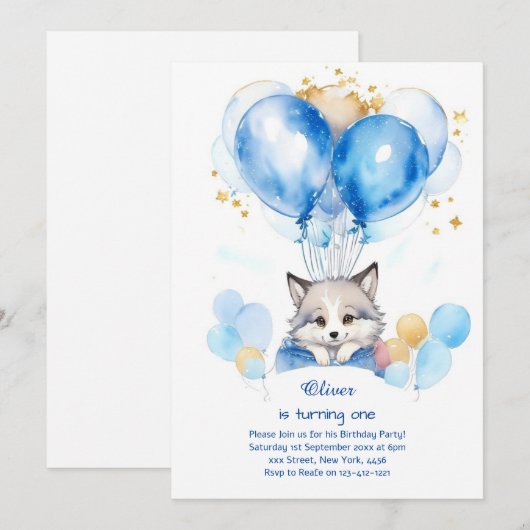 Wolf Einladung zum ersten Geburtstag (Vorne/Hinten)