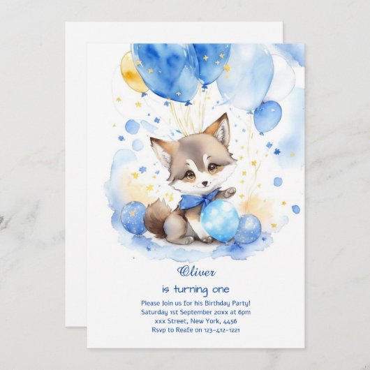 Wolf Einladung zum ersten Geburtstag (Vorne/Hinten)