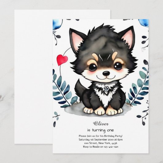 Wolf Einladung zum ersten Geburtstag (Vorne/Hinten)