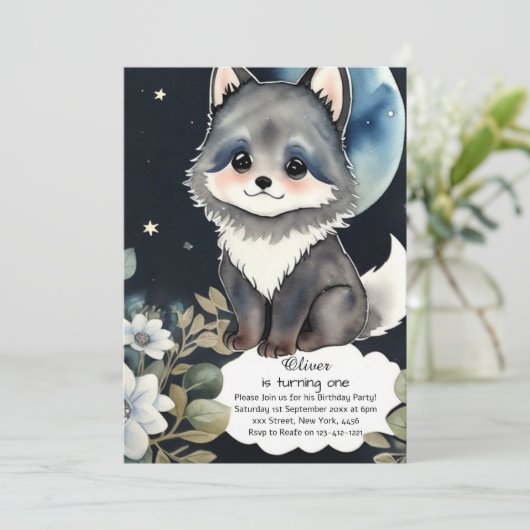Wolf Einladung zum ersten Geburtstag (Stehend Vorderseite)