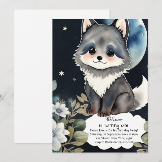 Wolf Einladung zum ersten Geburtstag (Vorne/Hinten)