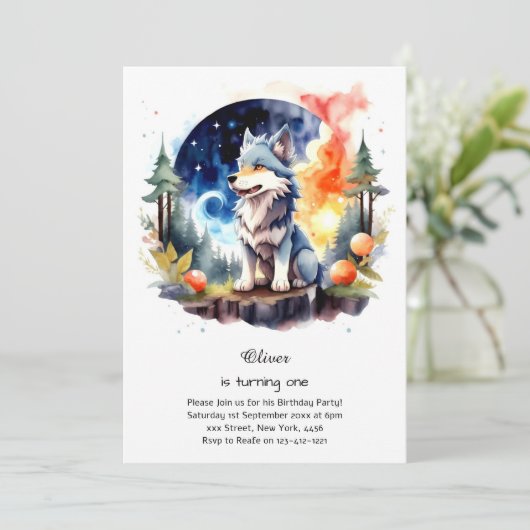 Wolf Einladung zum ersten Geburtstag (Stehend Vorderseite)