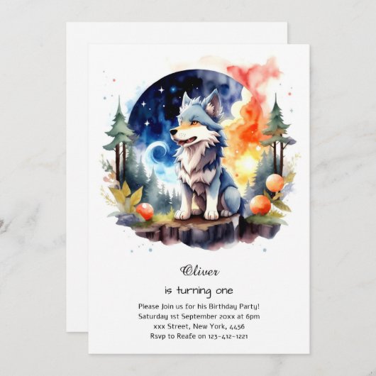 Wolf Einladung zum ersten Geburtstag (Vorne/Hinten)