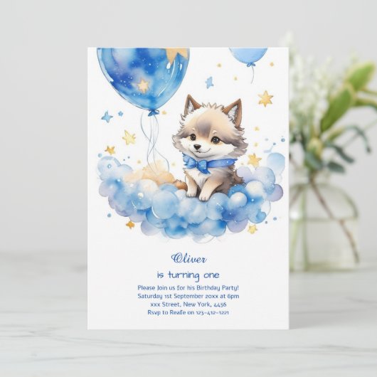 Wolf Einladung zum ersten Geburtstag (Stehend Vorderseite)