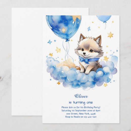 Wolf Einladung zum ersten Geburtstag (Vorne/Hinten)