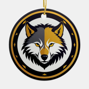 Wolf-Emblem-Logo mit goldenem Kreis Keramik Ornament