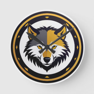 Wolf-Emblem-Logo mit goldenem Kreis Runde Wanduhr