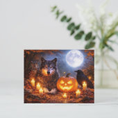 Wolf Eule Rabe Frohes Halloween Feiertagspostkarte (Stehend Vorderseite)