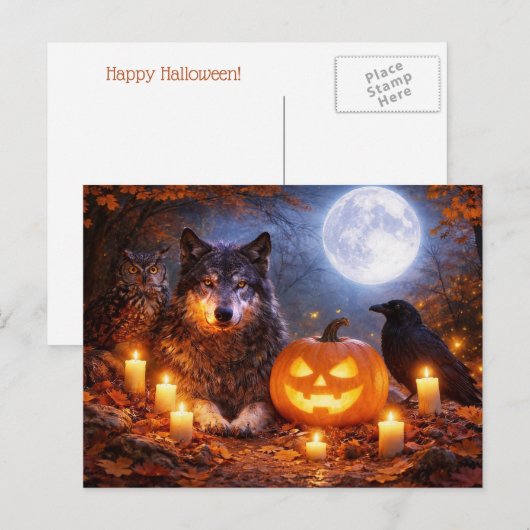 Wolf Eule Rabe Frohes Halloween Feiertagspostkarte (Vorne/Hinten)