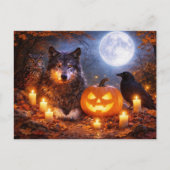 Wolf Eule Rabe Frohes Halloween Feiertagspostkarte (Vorderseite)