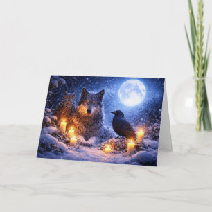 Wolf Eule Rabe Wintersonnenwende Yule mit Schneemo Karte