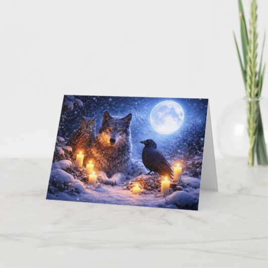 Wolf Eule Rabe Wintersonnenwende Yule mit Schneemo Karte (Vorderseite)