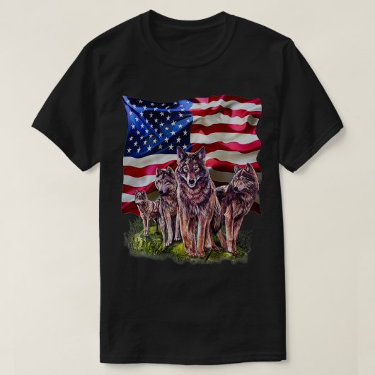 Wolf Familie mit Flagge in den USA T-Shirt (Design vorne)