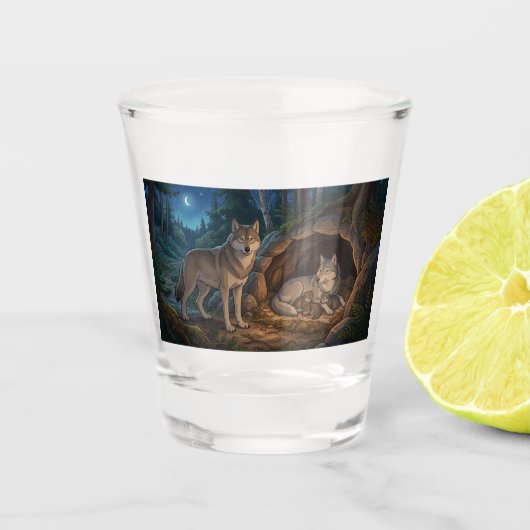 Wolf Familie Schnapsglas (Vorderseite)