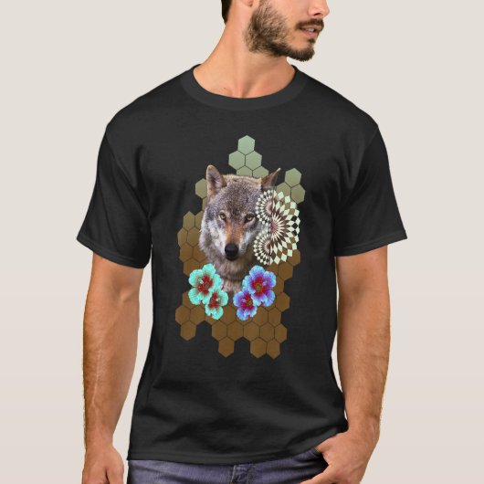 Wolf Floral Flower Alien Honeycomb Olive to Brown  T-Shirt (Vorderseite)