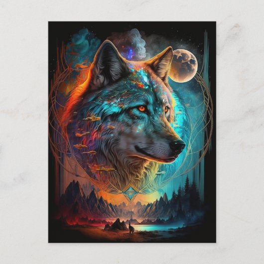 Wolf Full Moon Landscape Surreal Fantasy Postkarte (Vorderseite)