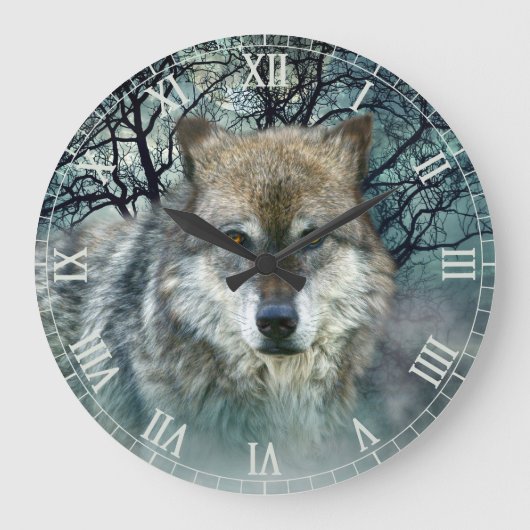 Wolf Full Moon Roman Numbers Große Wanduhr (Vorderseite)