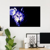 Wolf Fullmoon Blue Black Poster (Heimbüro)