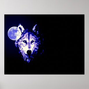 Wolf Fullmoon Blue Black Poster