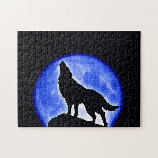 Wolf Fullmoon & Blue Night - Wilde Tiere Art Puzzle (Horizontal)