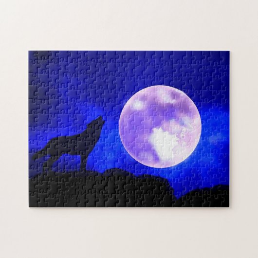 Wolf Fullmoon & Blue Night - Wilde Tiere Art Puzzle (Horizontal)