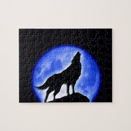 Wolf Fullmoon & Blue Night - Wilde Tiere Art Puzzle (Horizontal)