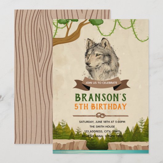 Wolf Geburtstagsthema Einladung (Vorne/Hinten)