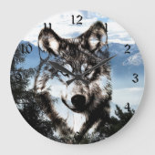 Wolf-Gesicht Große Wanduhr (Vorderseite)