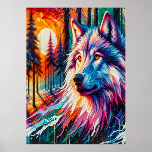 Wolf Gesicht mit Sonne & Wald | Poster (Vorne)