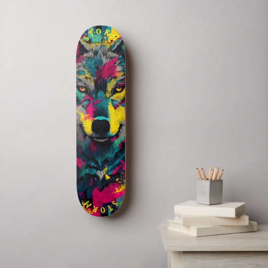 Wolf-Gesicht Neon-Graffiti-Kunst – Limitierte Edit Skateboard (Wandkunst)