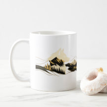 Wolf Golden Line Art Bergszene Tasse