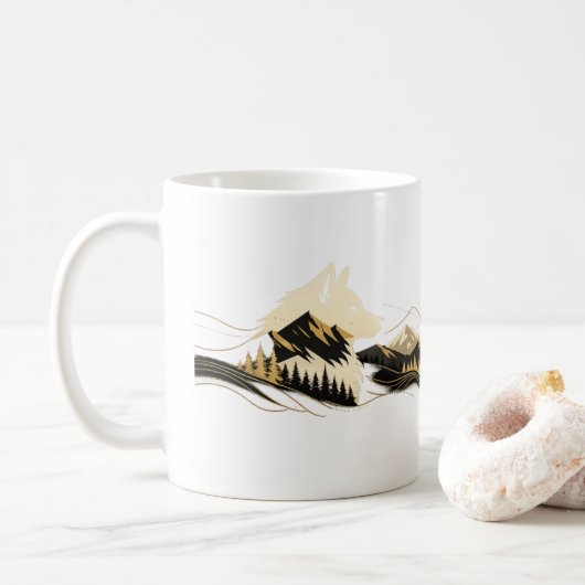 Wolf Golden Line Art Bergszene Tasse (Mit Donut)