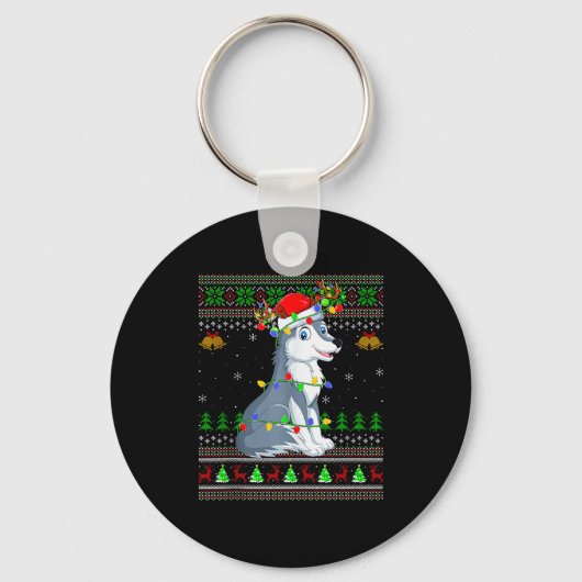Wolf hässliche Weihnachtspullover Feiertage Santa Schlüsselanhänger (Vorderseite)