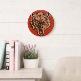 Wolf Head on Red Große Wanduhr