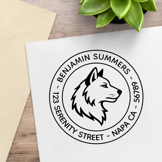 Wolf Head Profile Round Address Gummistempel