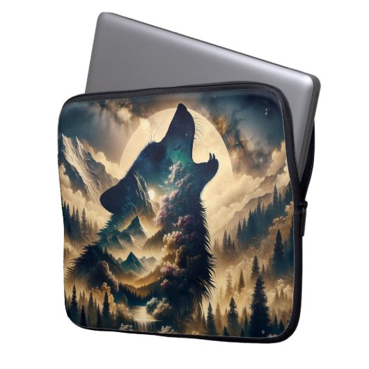 Wolf heult am Mond an einer wolkigen Nacht Laptopschutzhülle (Vorderseite Links)