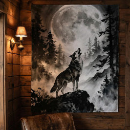 Wolf heult am Mond Teppich | Dunkler Wald Wandteppich