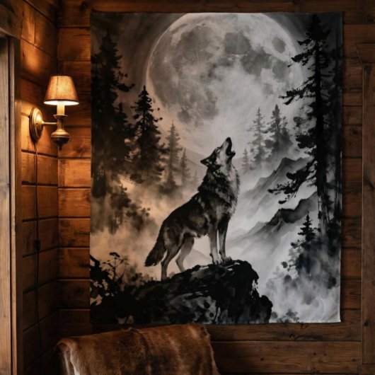 Wolf heult am Mond Teppich | Dunkler Wald Wandteppich