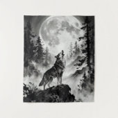 Wolf heult am Mond Teppich | Dunkler Wald Wandteppich (Vorderseite)