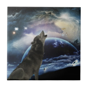 Wolf heult auf dem Mond Fliese