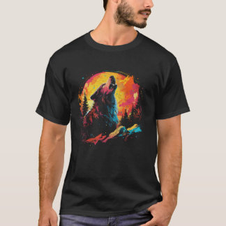 Wolf heult auf dem Mond helle farbenfrohe Nachtmän T-Shirt
