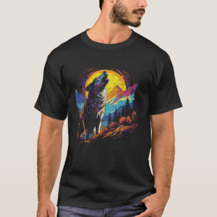 Wolf heult auf dem Mond helle farbenfrohe Nachtmän T-Shirt