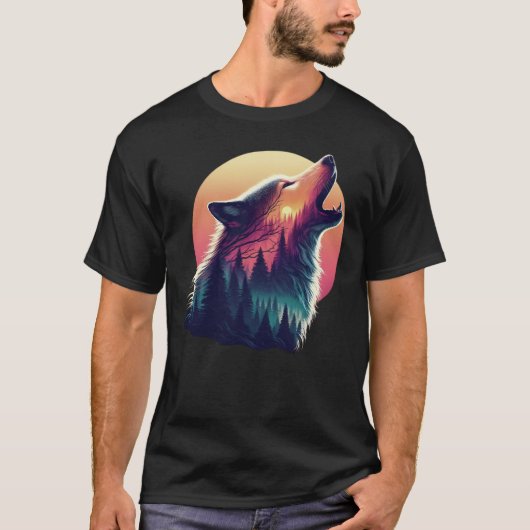 Wolf heult auf dem Mond Nachthimmel Sonnenuntergan T-Shirt (Vorderseite)