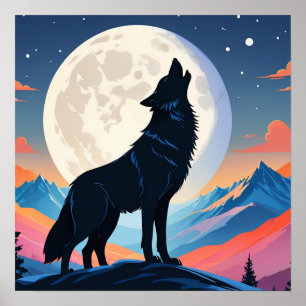 Wolf heult auf dem Mond Poster