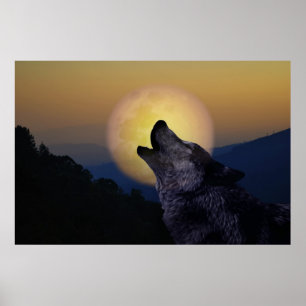 Wolf heult auf dem Mond Poster