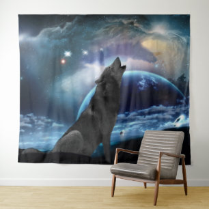 Wolf heult auf dem Mond Wandteppich