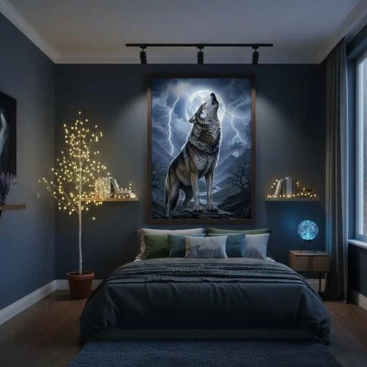 Wolf heult bei Vollmond mit Gewittersturm Poster