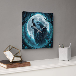Wolf heult bei Vollmond Quadratische Wanduhr