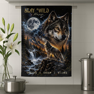 Wolf heult den Mond an Wald Wildtiere Natur Geschirrtuch